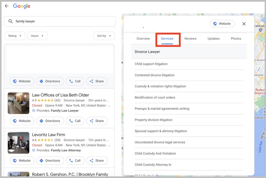 Competitor services listed on Google Business Profile
